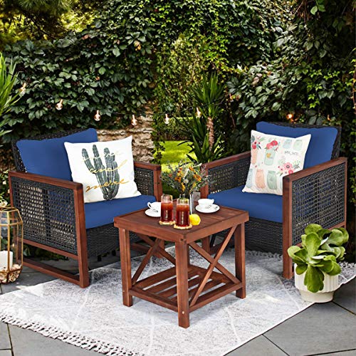 Tangkula 3 Pieces Patio Wicker Furniture Set, Rattan Outdoor Sofa Set W/Washable Cushion & Acacia Wood Coffee Table, Conversation Bistro Set For Garden Balcony Backyard (Blue) #TOP1