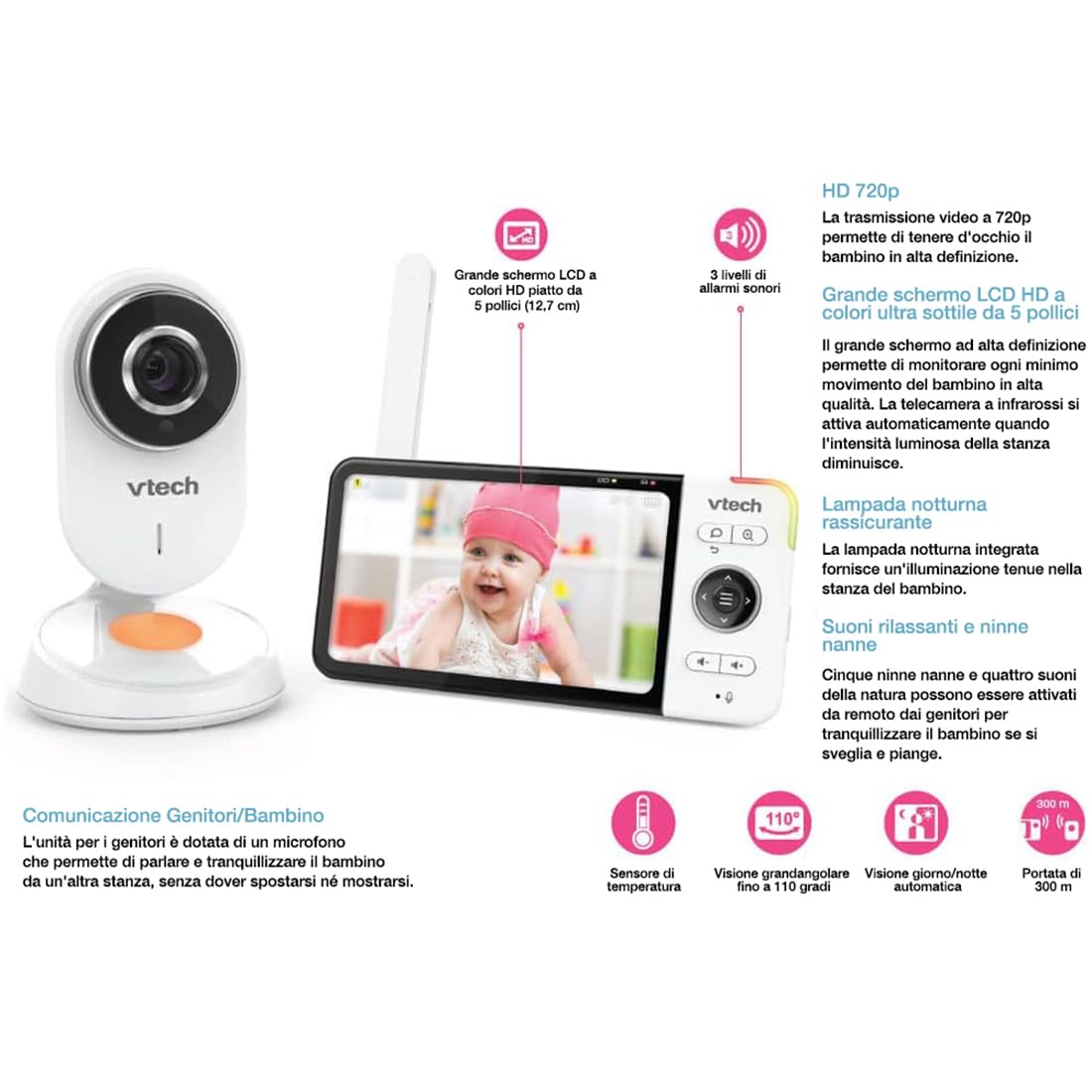 VTech - BM818 - Baby Video Wide View HD - Schermo 5'' Ultra piatto HD -Luce notturna e ninne nanne 720p - Versione IT, Bianco