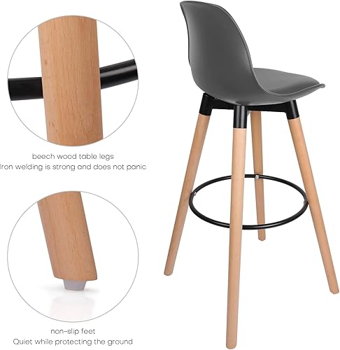 Miniatura 5 de RêveLife Juego de 2 taburetes de bar de 29 pulgadas con respaldo, taburete tapizado de piel sintética resistente con patas de haya y reposapiés de