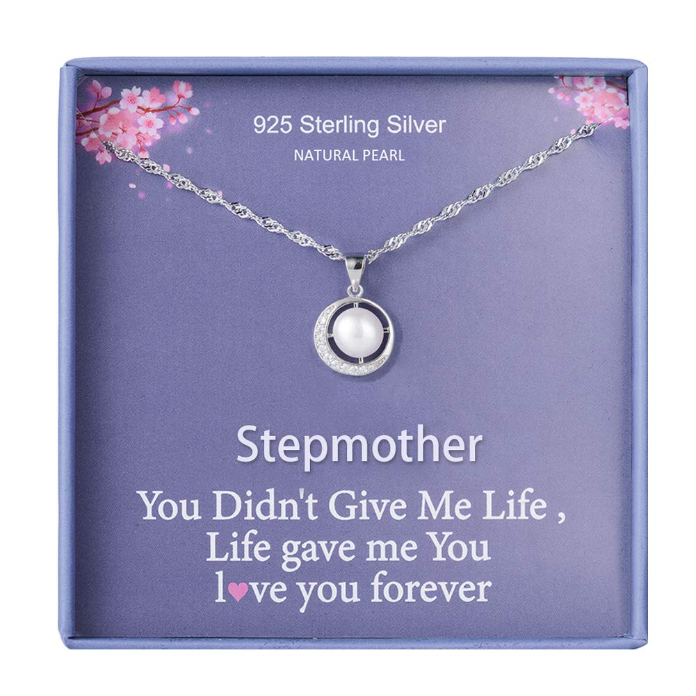 Gift for Stepmum Step Mum Step Mother Necklace Jewelry for Women Mother Birthday Necklace Silver Pearl Pendant Bonus Mum Present From Daughter Jewellery Gifts for Women