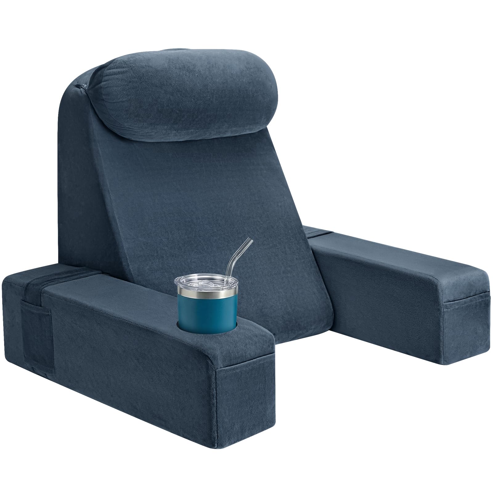 AS AWESLING Reading Pillow for Adults, Back Pillow for Bed Sitting Up, Backrest Cushion for Sitting in Bed, Detachable Arms with Built-in Cup & Phone Caddy (DARK GREY, 21 INCH)