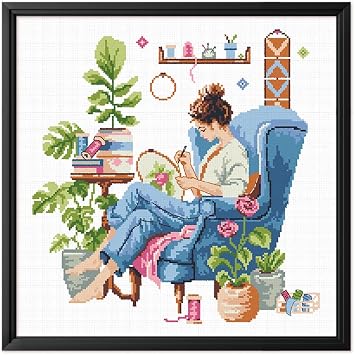 FREEBLOSS 11CT Cross Stitch Kits Girl Green Plants Stamped Full Range of Embroidery Starter Kits for Beginners Stamped Cross Stitch Wall Painting Craft Kit with Instruction, 17.7x17.7