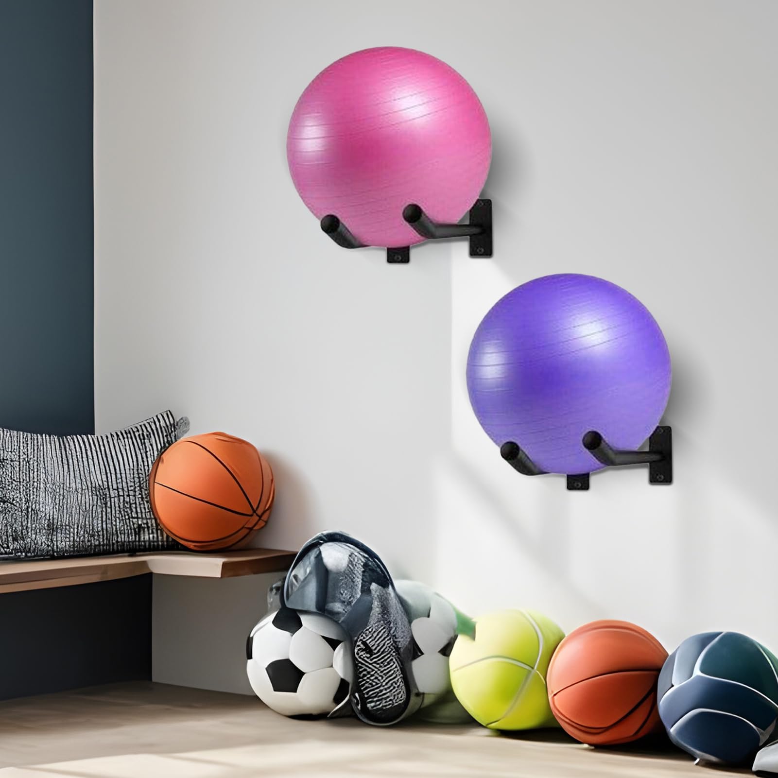 Soporte de pared para bolas de yoga, 2 uds, 39x4x10 cm, 30 kg, organizador de almacenamiento
