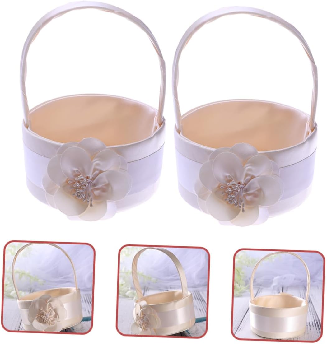 Satin Flower Girl Basket Set of 2, round Wedding Flower Basket with Floral Design, Bridal Petal Holder for Wedding Ceremony and Party Supplies