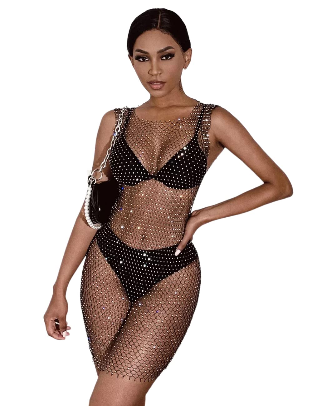 LradyWomen's Rhinestone Mesh Fishnet Bodycon Club Dress See Through Beach Swimwear Bikini Cover Up Clubwear