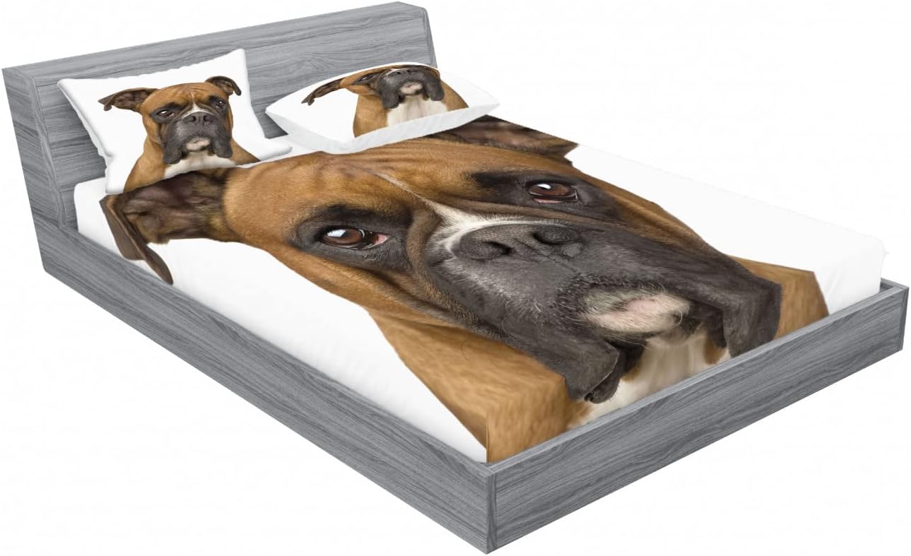 Ambesonne Boxer Dog Fitted Sheet & Pillow Sham Set, Front View 2 Years Old Purebred Boxer Dog Animal Photo, Decorative Printed 6 Piece Bedding Decor Set, Full, Pale Brown