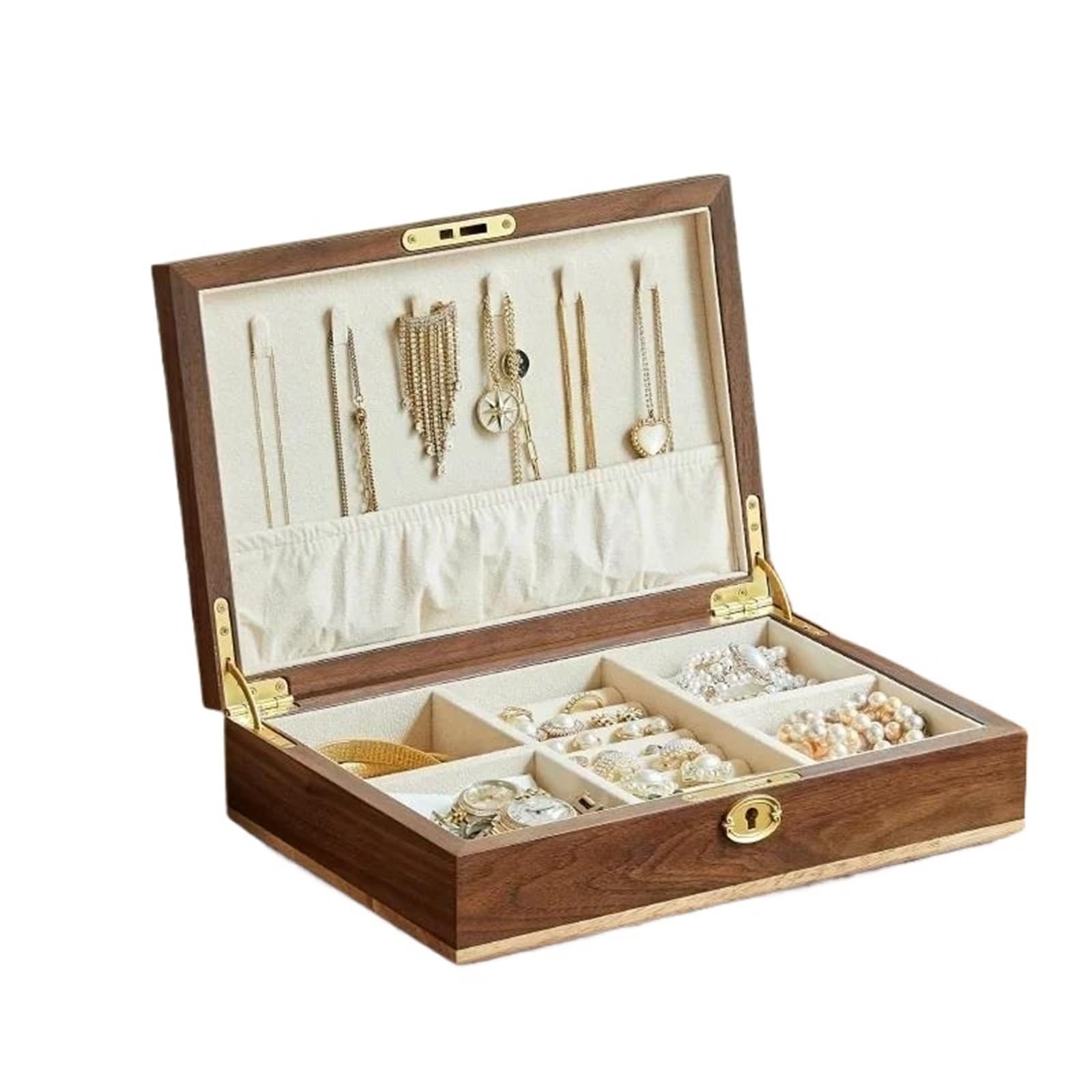 Joyero Viaje Almacenamiento Madera Para Collar, Anillo, Alfiler Para Oreja, Joyero Mano, Cerradura Para Nogal, Gran Capacidad, Exquisita （28 * 19 * 2cm） Joyeros