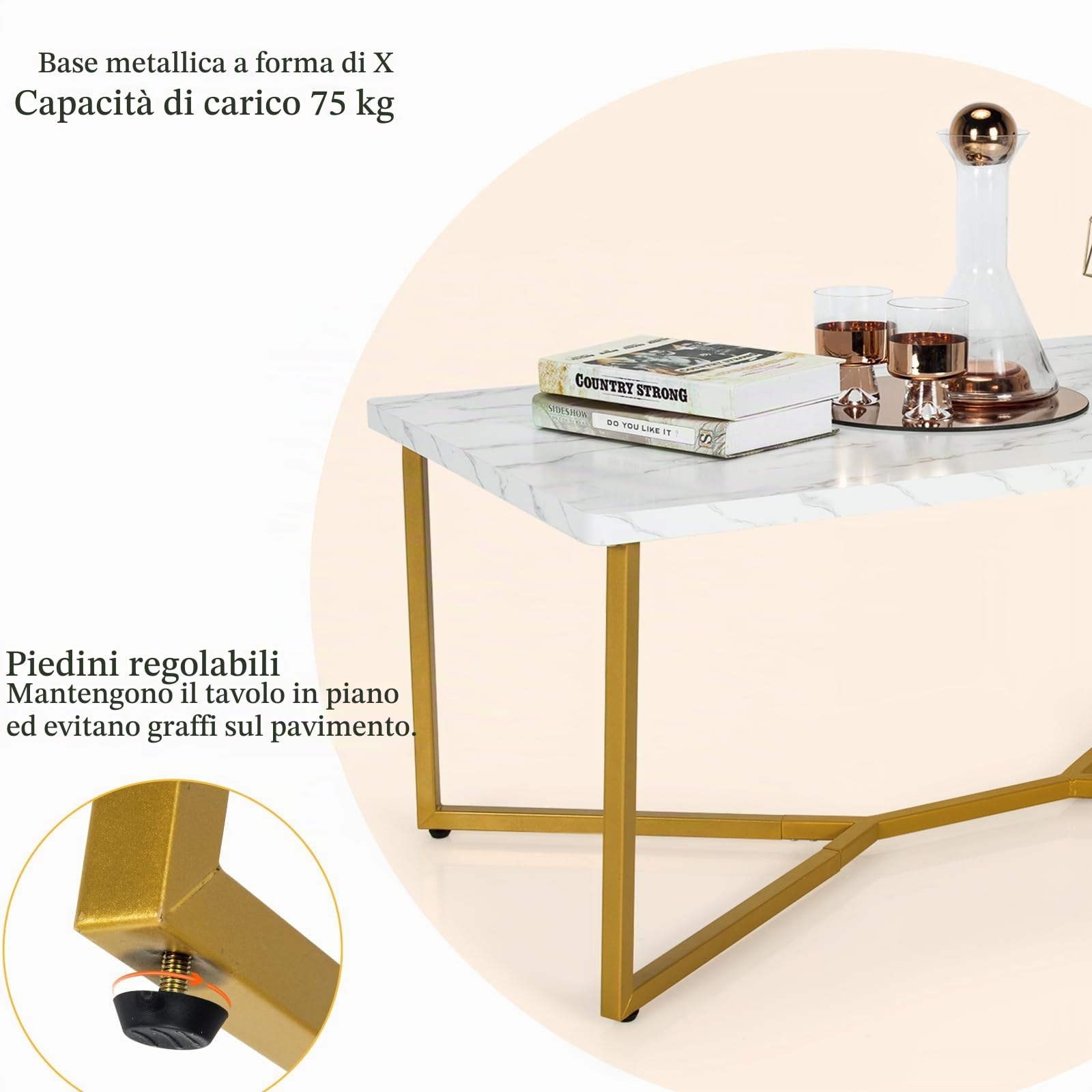 LIFEZEAL Tavolino da Salotto, Oro Bianco, con Effetto di Marmo, Tavolino da Caffè, Tavolino Basso da Divano, Moderno, Telaio in Acciaio, Max 95 kg, per Soggiorno, Montaggio Semplice, 107x60x45,5 cm