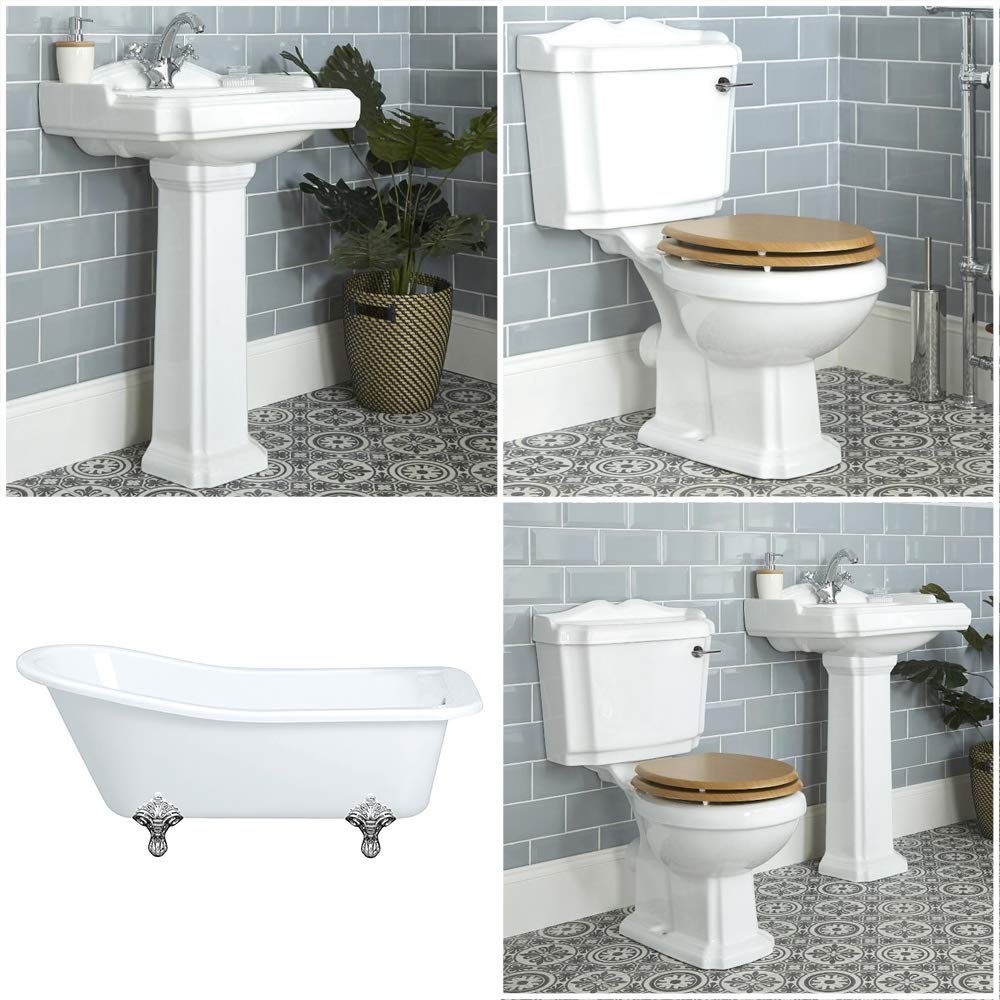 Milano White Legend Single Ended Slipper Bath Close Coupled Toilet Full Pedestal Bathroom Basin Sink