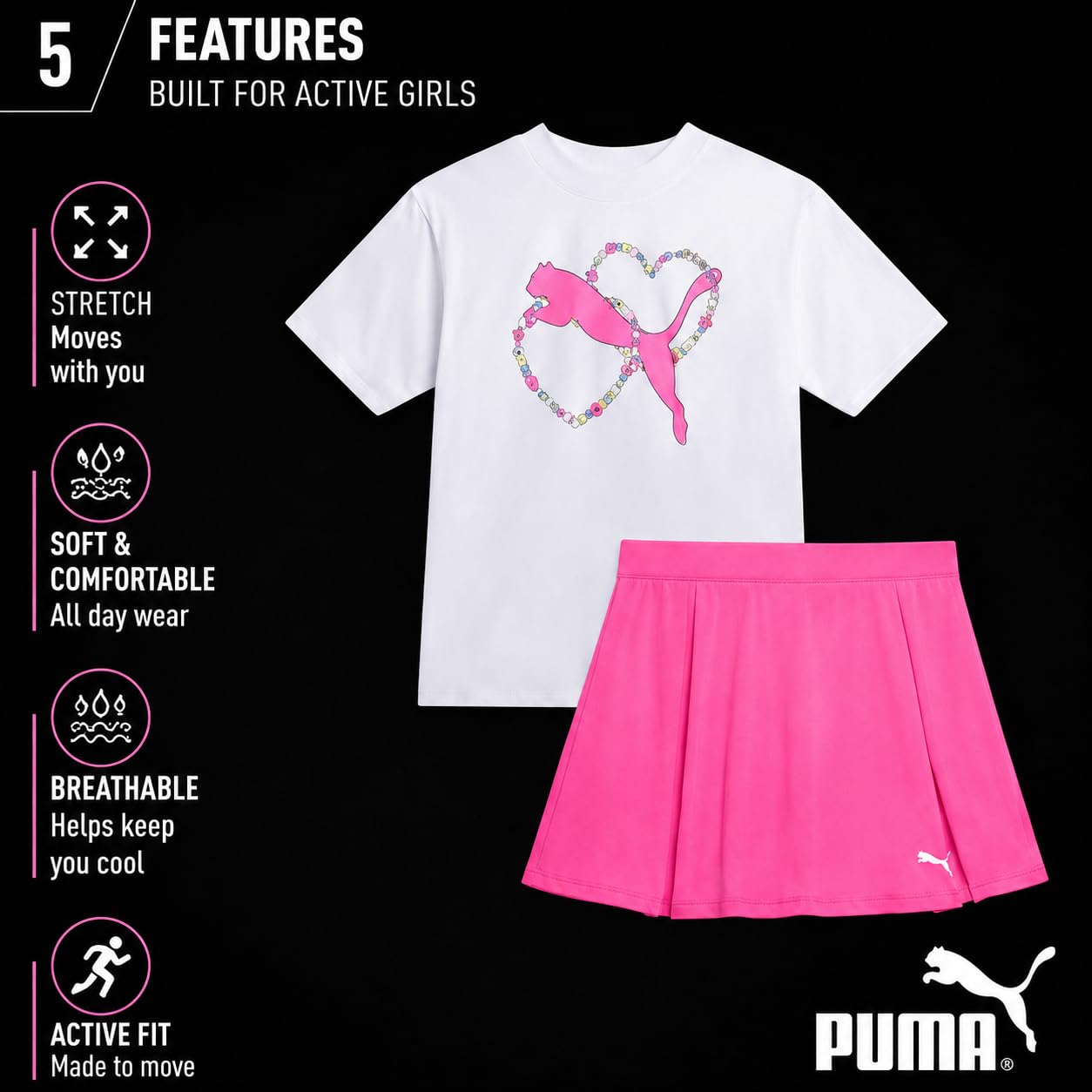 PUMA Aktives Rock-Set für Mädchen, 2-teilig, Aktiv-Skort und kurzärmeliges athletisches T-Shirt, sportliches Mädchen-Sommer-Outfit-Set (7–14)