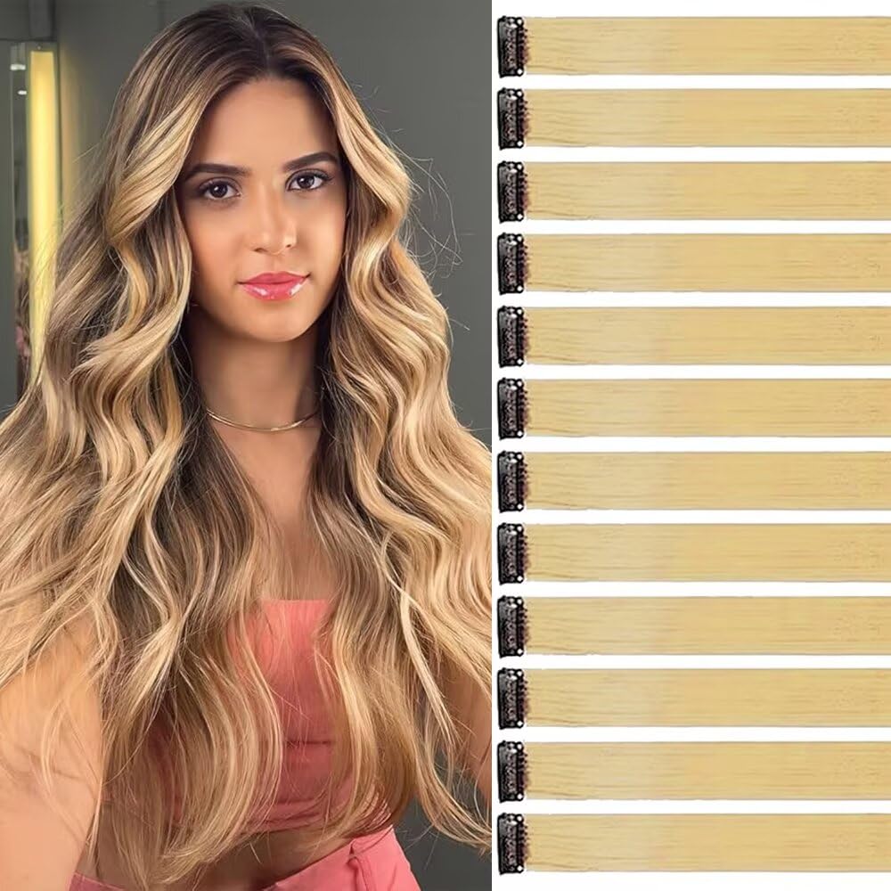 Leinengold Haarsträhnen Zum Einklipsen 12 Stück 55 cm Haarsträhnen für Zöpfe/Flechtfrisuren Clip in Extensions Einzelne Strähnen Bunte Haarsträhnen Kinder Haarverlängerungen Zubehör