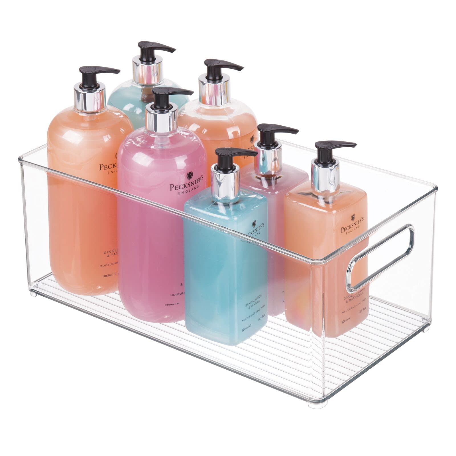 mDesign Juego de 2 cajas de plástico con asas – Organizador transparente con diseño atractivo – Cajas organizadoras para accesorios de baño, cosméticos y otros utensilios – transparente