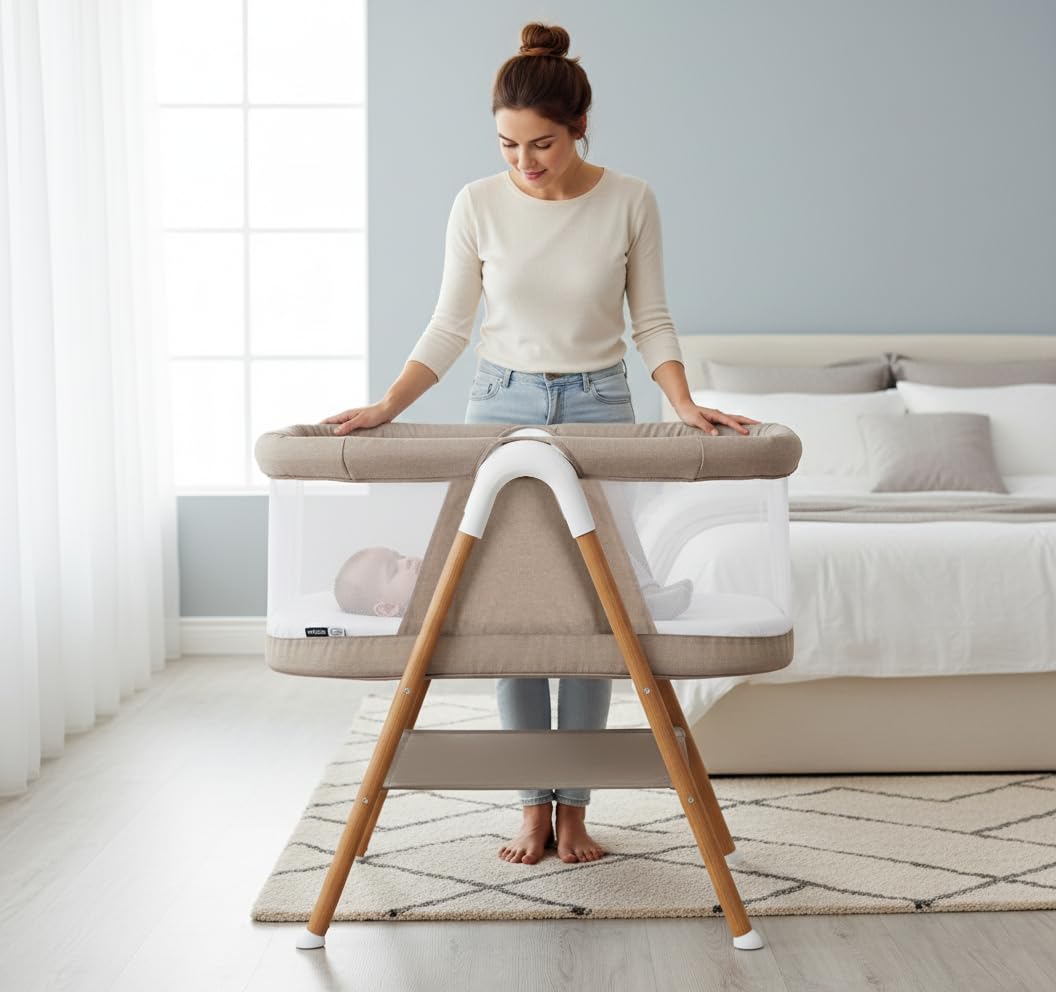 Asalvo Nidus Mini-Berceau Cododo Bébé, Réglable en Hauteur, Structure Pliable, Matelas Inclus, Tissu Respirant, Berceau Cododo Sécurisé, Beige