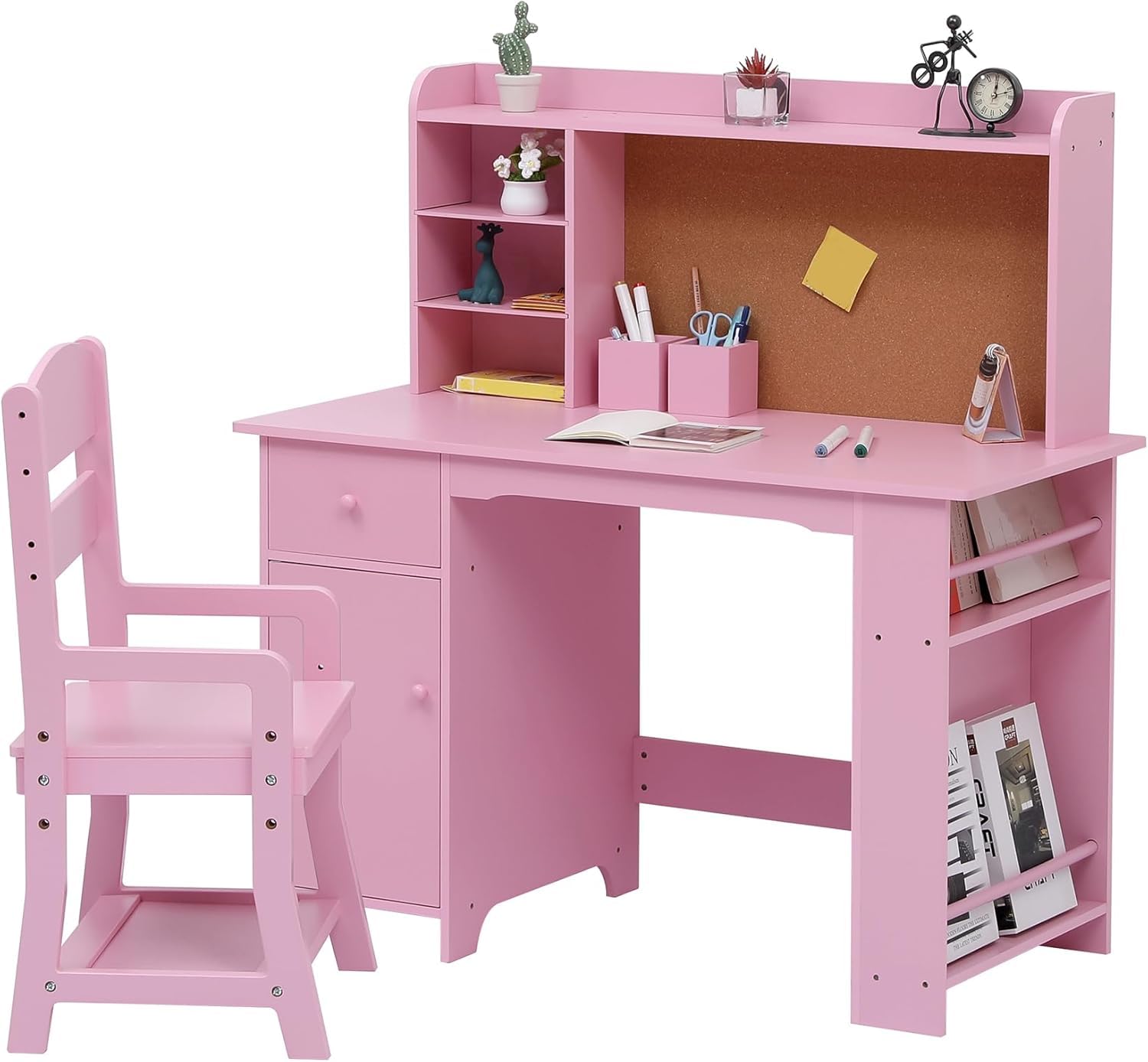 Garvee Kinderschreibtisch, Schreibtisch- und Stuhlset für Jungen und Mädchen, Holzschreibtisch mit Bücherregal, Pinnwand, Schrank und Schublade für Kinder von 3-8 Jahren, Rosa
