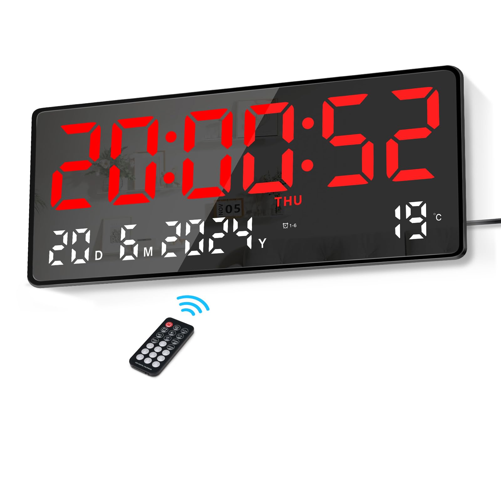 Lafocuse 15.5" Reloj de Pared Digital con LED Pantalla Grande, Silencioso Reloj Digital Sobremesa con Temperatura, Fecha, 2 Alarma, 12/24 Horas, Brillo Ajustable, para Salon Cocina Oficina, Rojo
