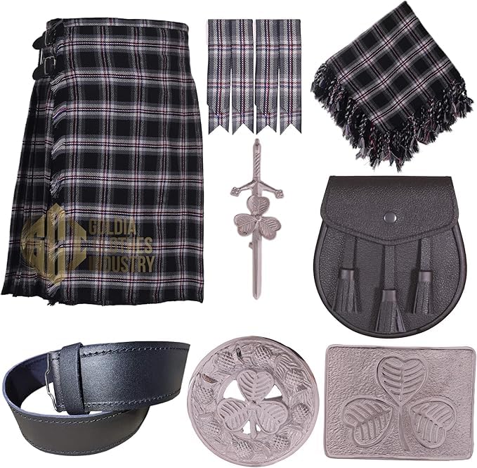 Goldia Clothes Industry Scottish Tartan Kilt Outfit – 8 Yards 16Oz Kilt with Accessories – Custom-Made in Various Tartans (Iron Horse)