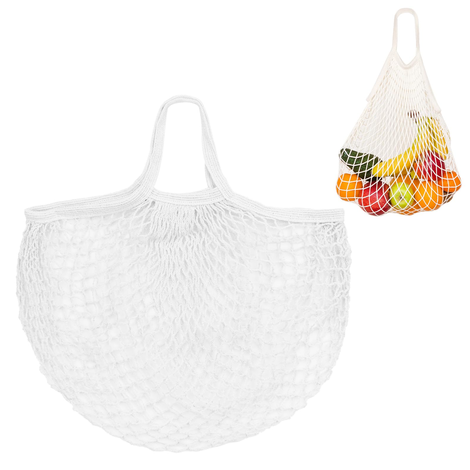M METERXITY 1-Pack Cotton Mesh Bag, Reusable Washable Mesh Net String Grocery Bags, Reusable Produce Bags with Handle, Net Tote Bag for Fruits/Vegetables Shopping [White, Short Handle]