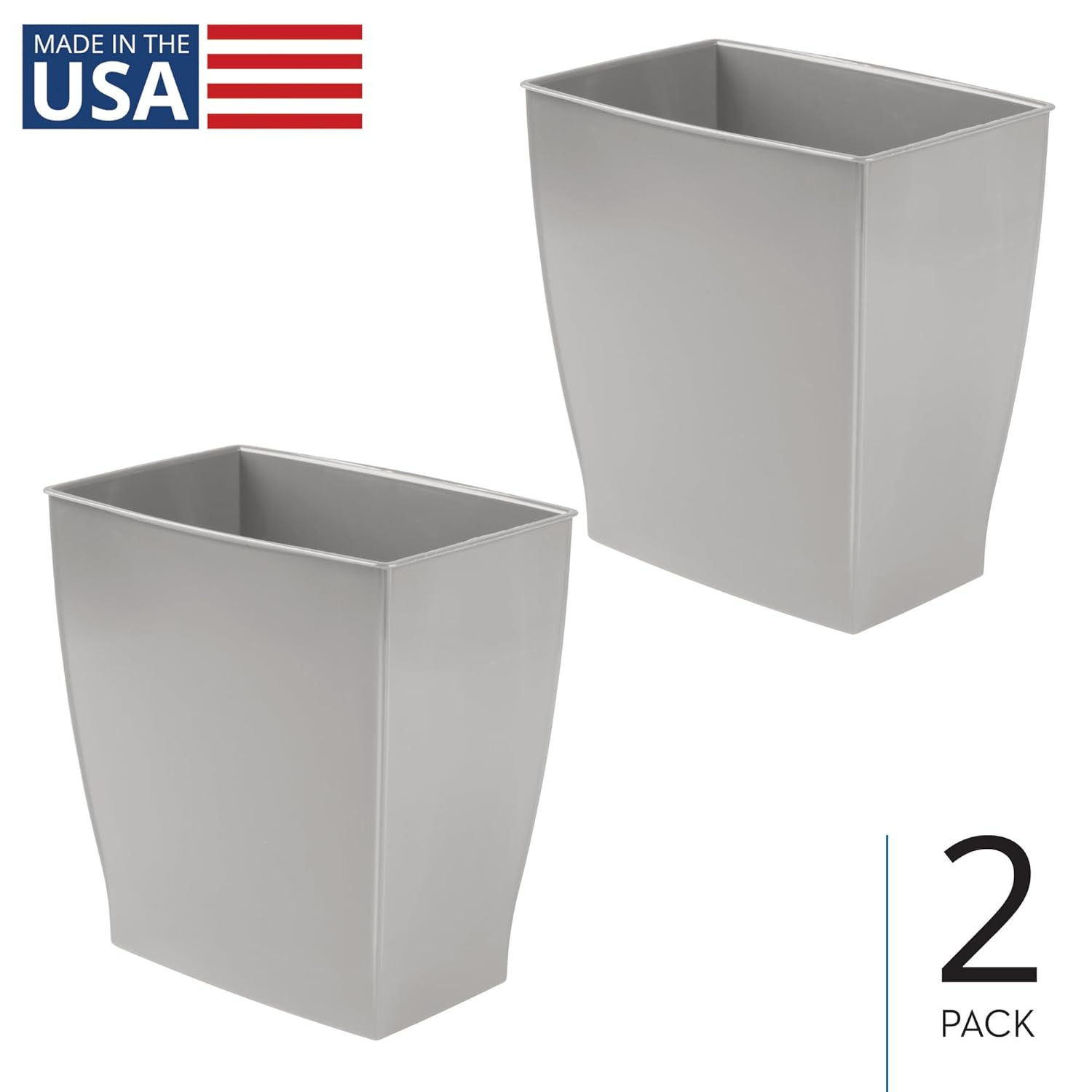 iDesign Small Plastic Bathroom Trash Can, Slim Rectangle Garbage Bin for Bedroom, Office, Dorm, 2-Pack, Gray