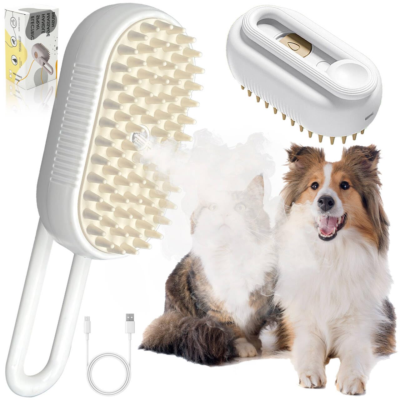 DONGTATA Cepillo de Vapor para Gatos 3 en 1 Steamy Cat Brush Cepillo de Vapor para Gatos para Masaje Vepillo de Vapor Autolimpiable para Gatos Perros para Cachorros de Gatos Cortos, Medianos y Largos