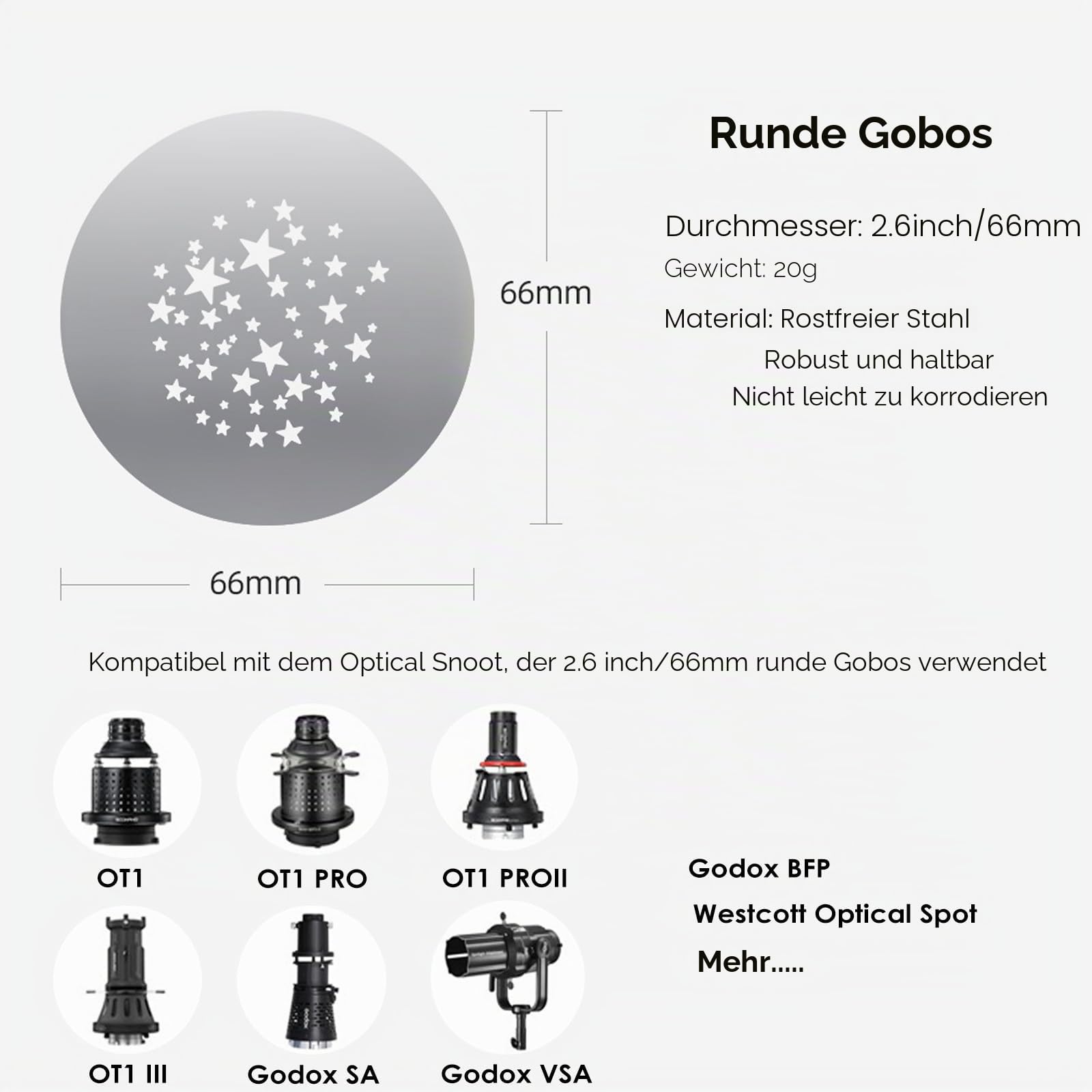 16-teiliges rundes Gobos-Set für optischen Snoot, 66 mm, Metallplattenmuster für Scheinwerferbefestigung, kompatibel mit Godox BFP/OT1/OT1 Pro/II/Westcott optischen Spots, für, Gobos-66mm