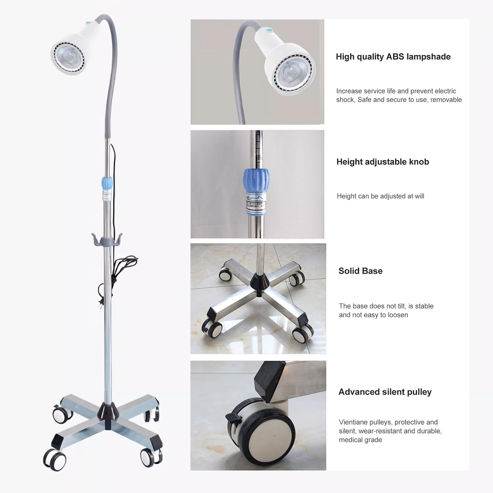 Lampe D'examen Médical 28 W LED Lampe Chirurgicale Lampe D'examen Sur Pied avec Base Mobile, Hauteur Réglable, pour Gynécologie, Chirurgie, Clinique, Hôpital pour Animaux de Compagnie