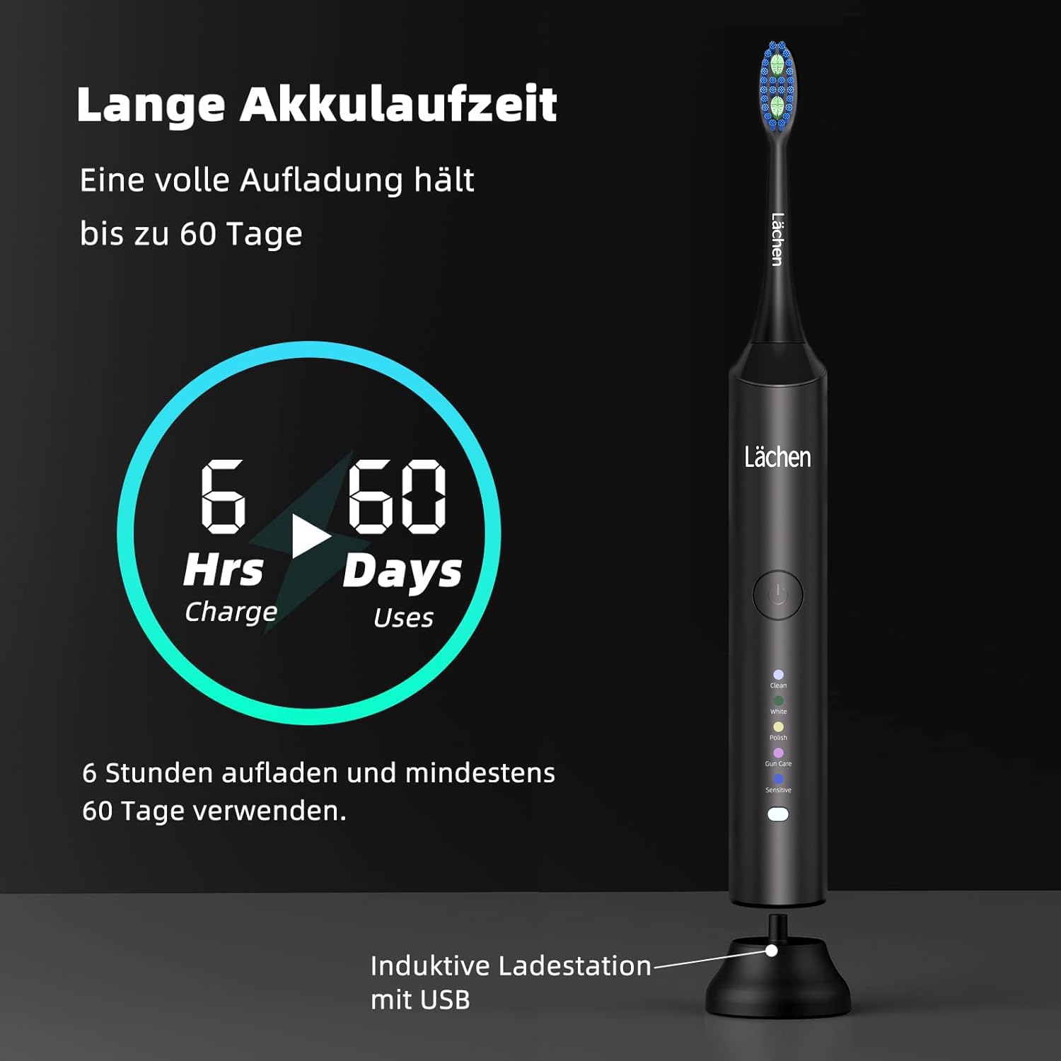 Lächen Spazzolino elettrico sonico, 5 modalità, spazzolino elettrico sonico con custodia da viaggio, 4 testine di ricambio, ricarica USB per 60 giorni, timer, IPX7, impermeabile, nero