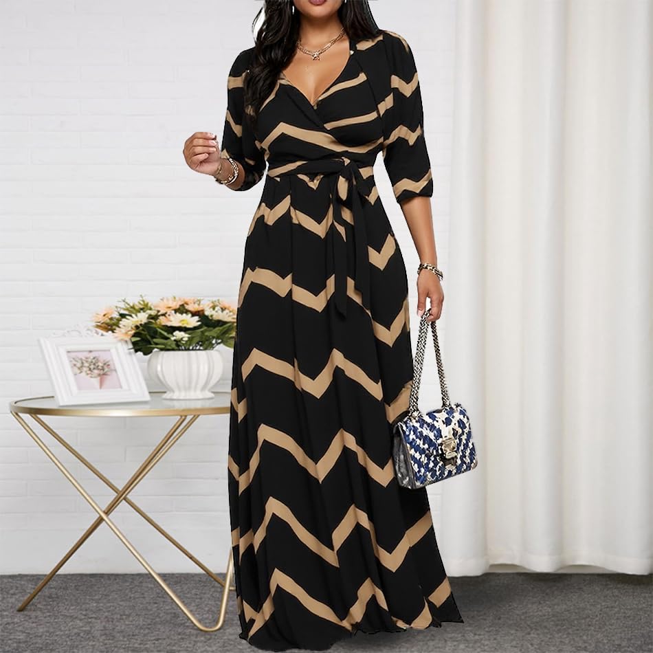 Image of CaniBtr Maxi Dresses for Women Plus Size 3 /4 Sleeve Long Dress with Belt | Versatile plus-size maxi dress,wrap v-neck + waist tie craft soft glamorous looks easily for everyday casual outings