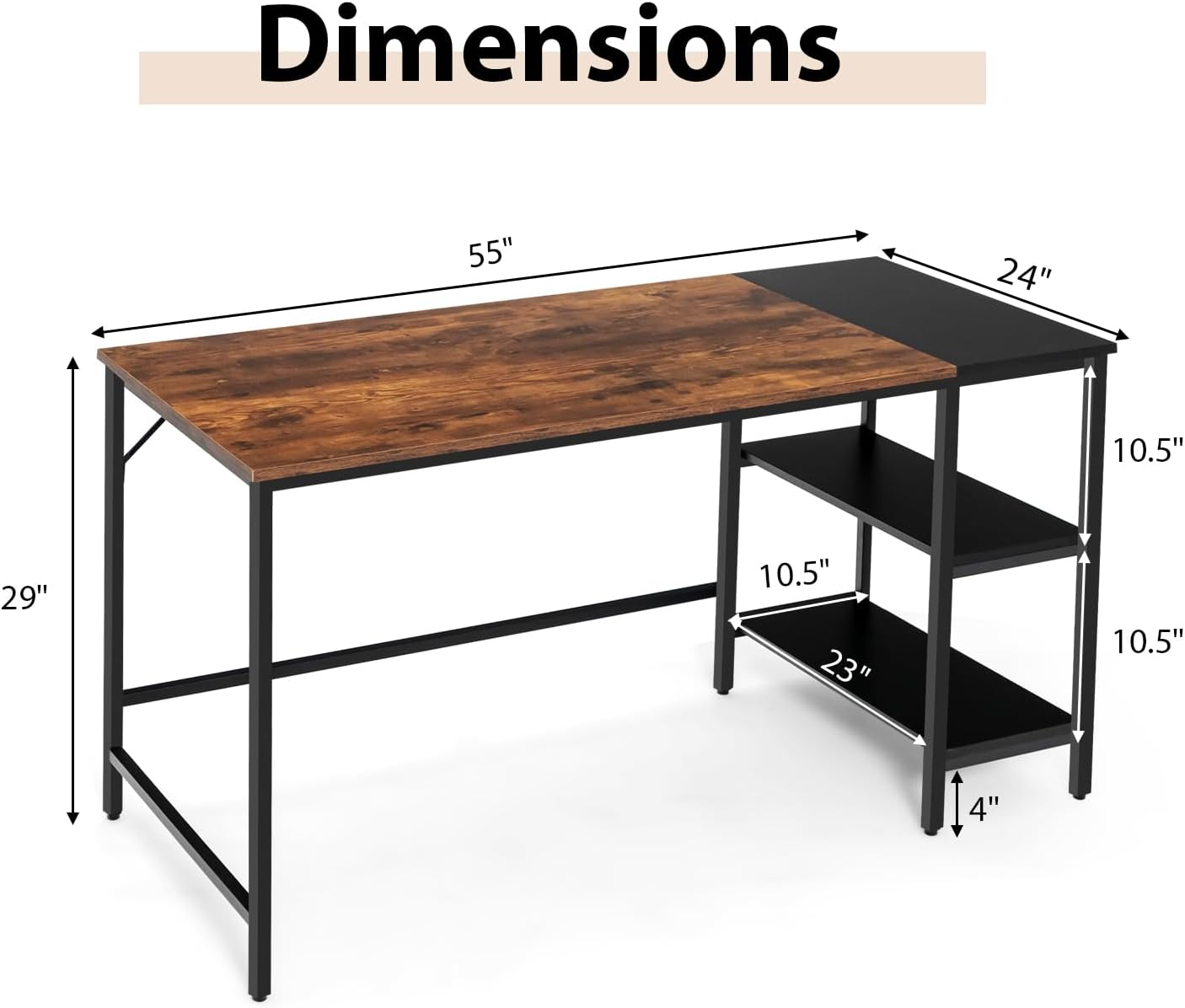 Computer Desk, 55’’ Gaming Desk w/Storage Shelves, Steel Frame & Adjustable Feet, Wood Office Table, Large Writing Desk for Bedroom, Study, Home Office (Rustic Brown, 55''W)