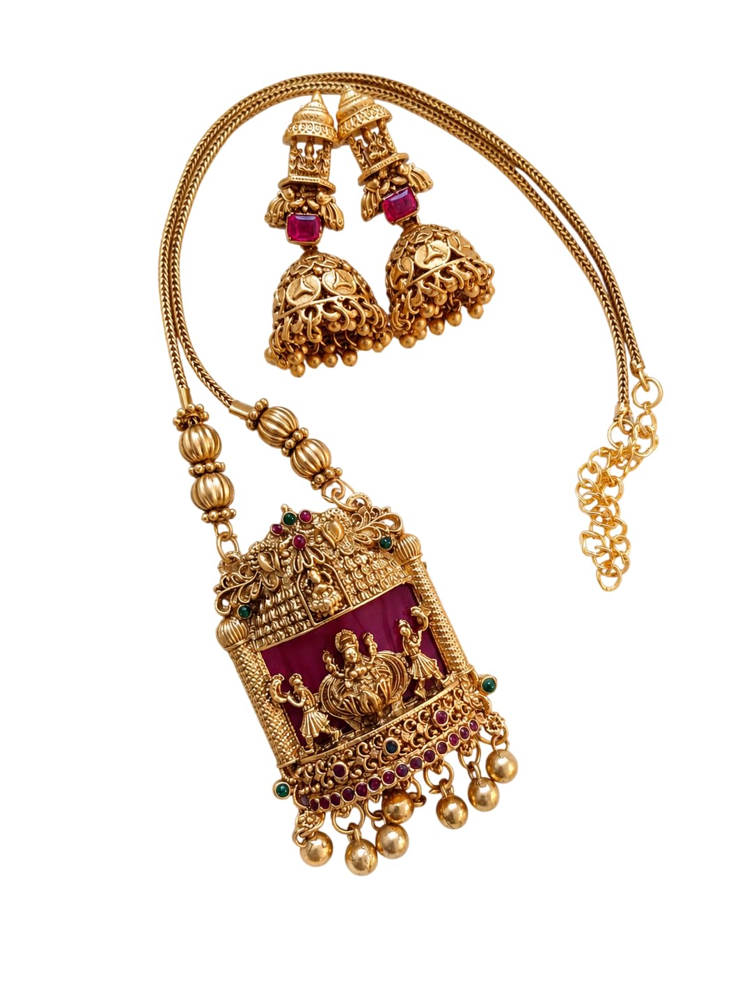 Matte Finish Lakshmi Pendant Mid Long Necklace -Ruby-image-31