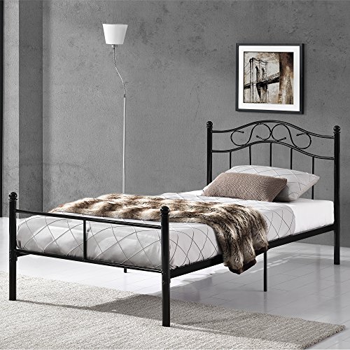 [en.casa] Cama de Metal Doble 120x200 Negra Estructura Base con somier