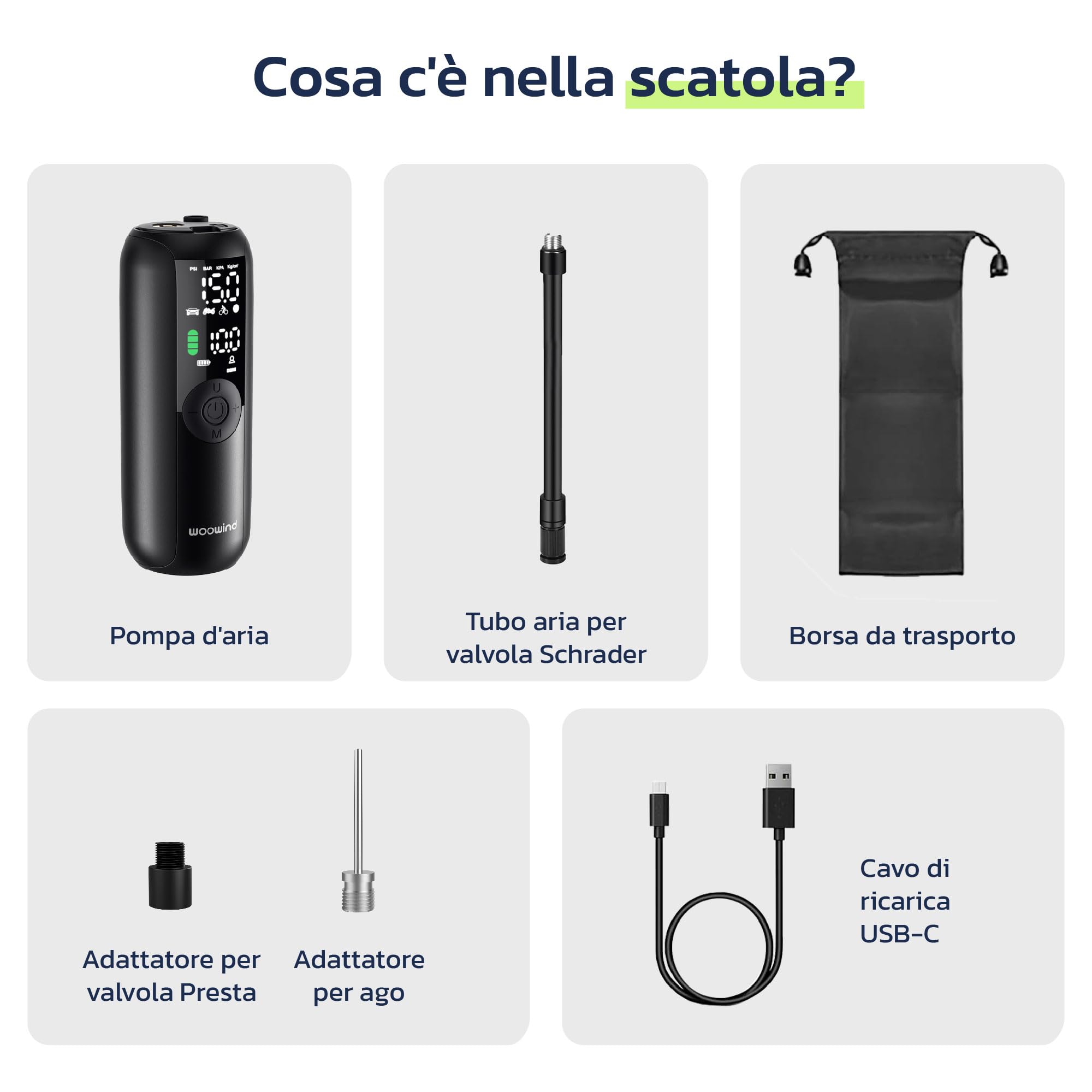 Woowind Compressore Aria Portatile, Pompa Per Bicicletta Elettrica Gonfiaggio in 1 Minuto, 150PSI Gonfia Gomme Auto, Biciclette, Moto e Palloni con Spegnimento Automatico, Schermo LCD, Luce LED