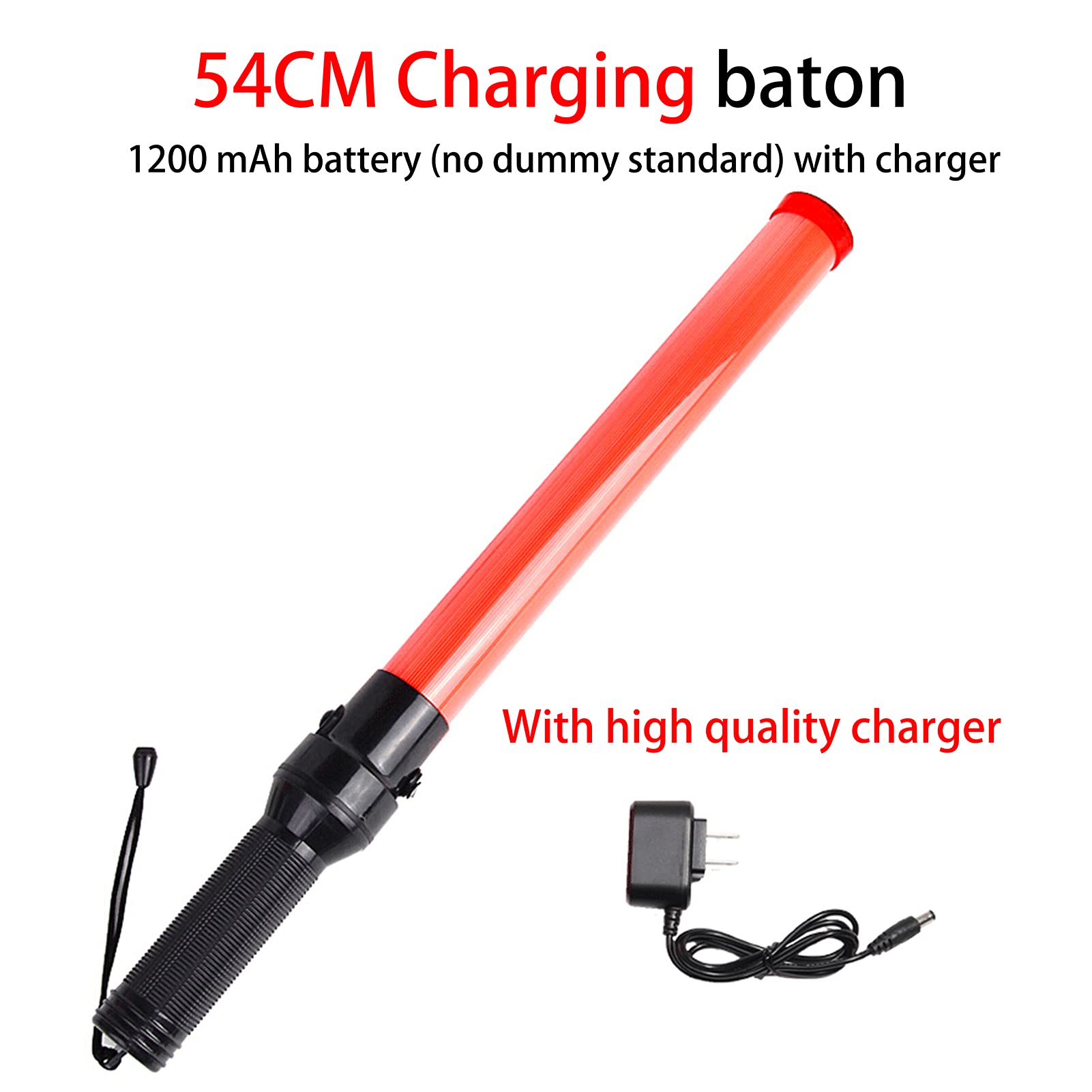 Baguette de signalisation de 54 cm - Bâton de signalisation de sécurité LED étanche rechargeable avec mode clignotant de lumière rouge, lanière de dragonne, finition orange, pour urgence de camping
