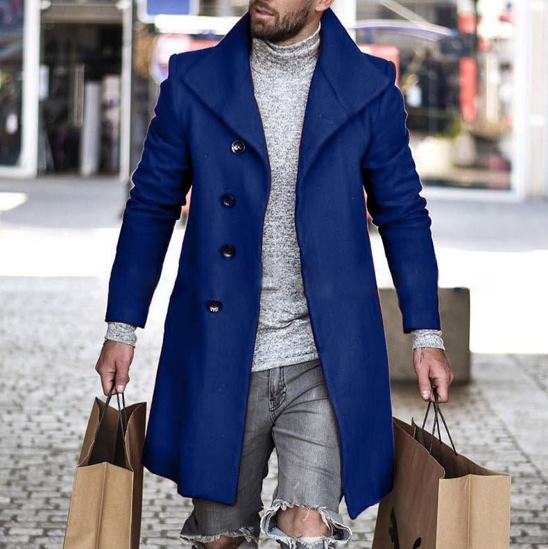Men's Plaid Trench Coat Lapel Slim Fit Single Breasted Wool Blend Pea Coat Casual Winter Mid Long Jacket Overcoat - Image 2