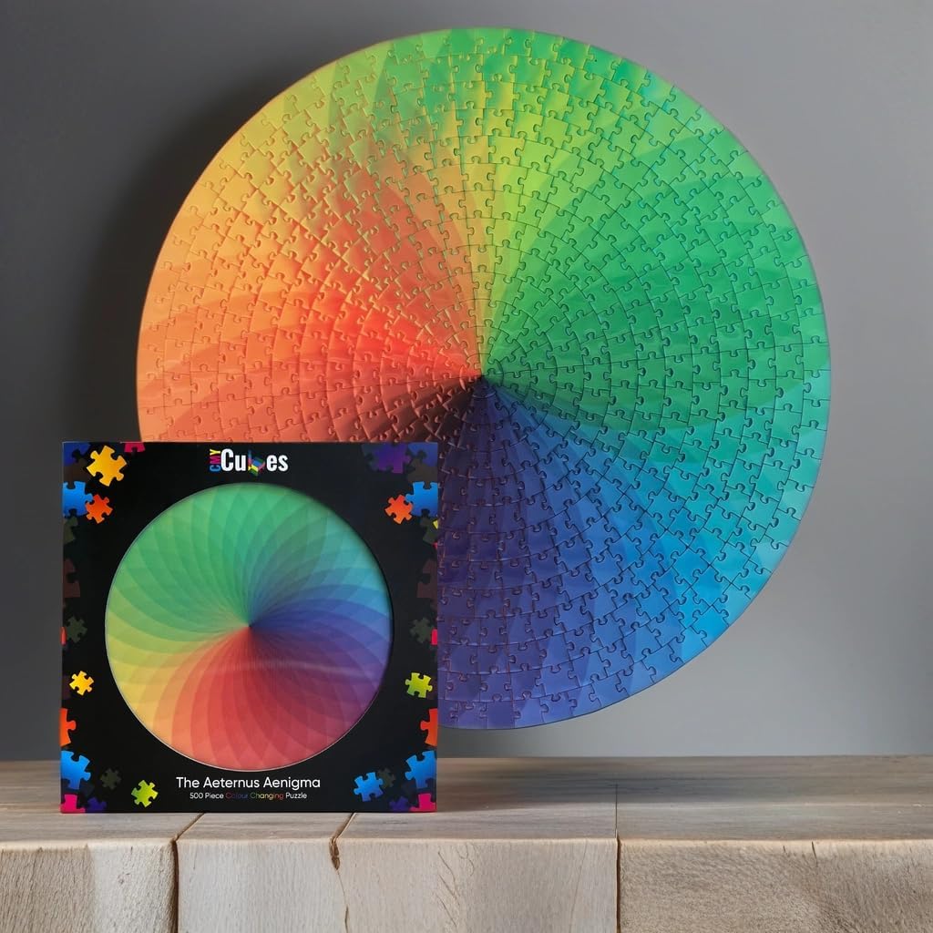 500 Pieces Round Jigsaw Puzzles - CMY Cubes - Rainbow Palette - Color Wheel Changing Puzzle - Difficult & Challenging Intellectual Game for Adults & Teens - Lenticular Color Altering Puzzle Magic!