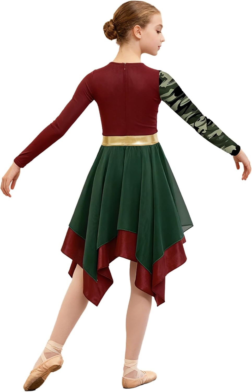 Kids Girls Liturgical Praise Dance Dress Camouflage Printed Long Sleeve Color Block Worship Dancewear