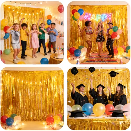 Image of 4Pcs Gold Fringe Backdrop 12.8x8.2 Feet Glitter Metallic Tinsel Foil Fringe Curtain, Gold Backdrop Curtain Door Streamers for Birthday Graduation Bachelorette Disco Christmas Party Decorations