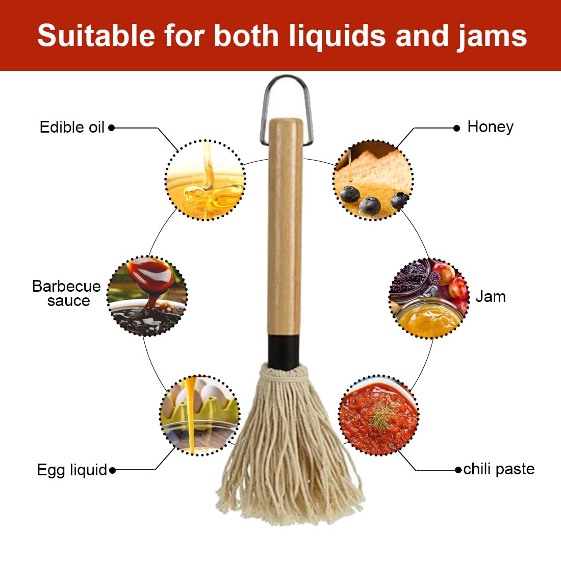 WUSJCOF 1 PCS Grillpinsel BBQ Pinsel Basting Mop Profi Sauce Soßen Marinaden Grillbürste Barbecue mit Holzgriff zum Kochen Braten Grillen (2X Extra Ersatz Köpfe)