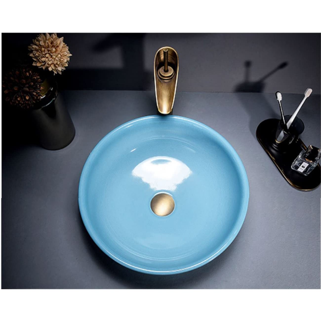 Nowoczesna Ceramiczna Umywalka Nablatowa I Bateria W Zestawie, Jasnoniebieska Porcelanowa Umywalka Łazienkowa Z Artystyczną Misą, Okrągłe Umywalki Nadblatowe Do Łazienki