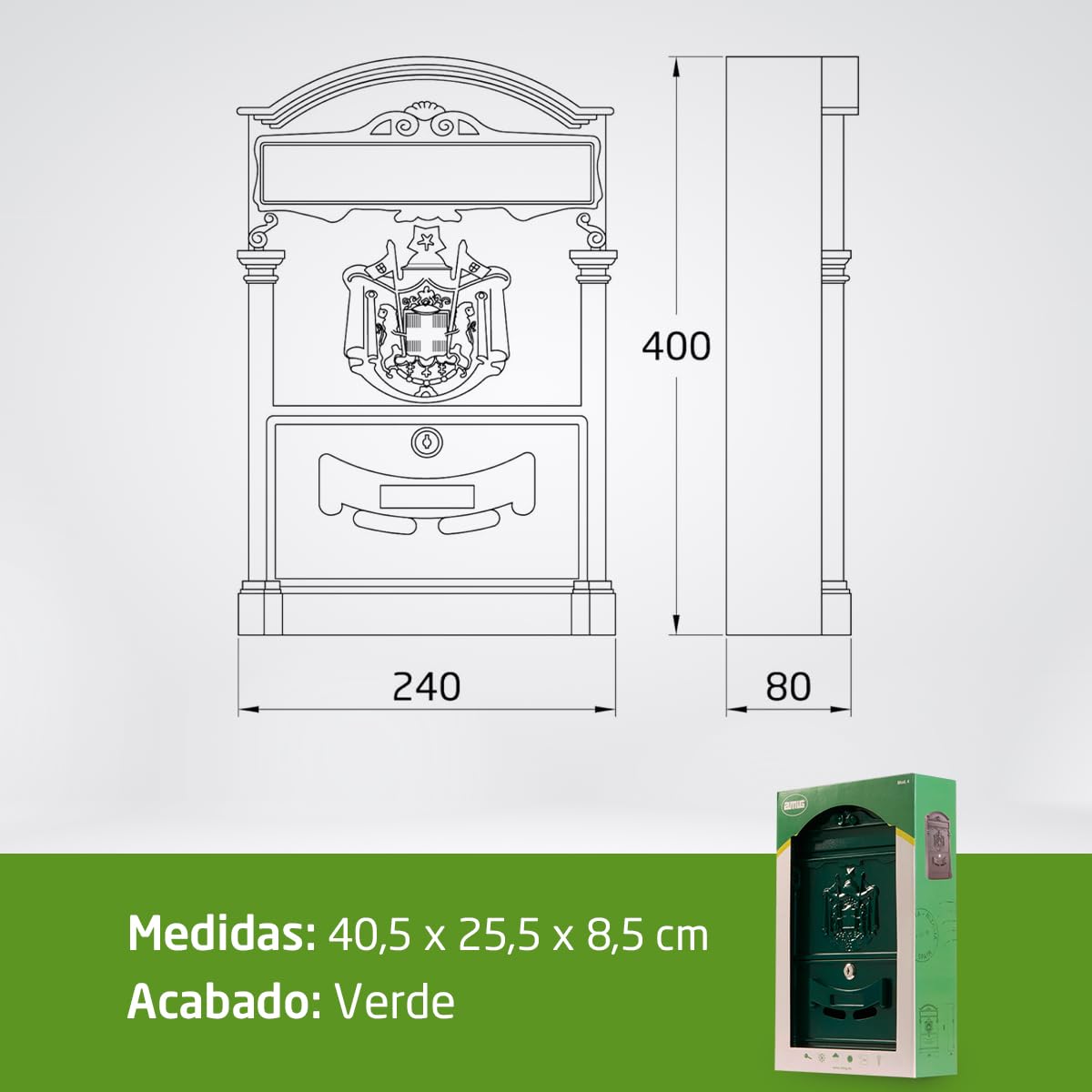 Amig - Buzón Exterior de Pared - Diseño Vintage - Tamaño Compacto para DIN A4 - Apertura Frontal con Cerradura - Aluminio - Verde - Fácil de Instalar en Puertas o Verjas - 40 x 24 x 8 cm