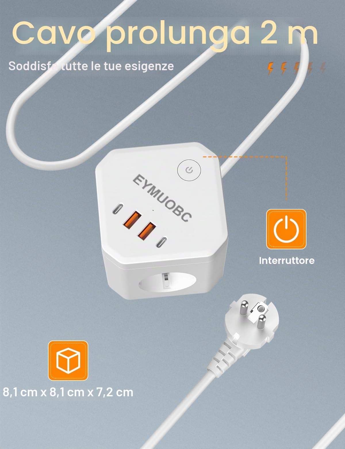Ciabatta Elettrica 8-in-1 con USB-C Ricarica Rapida 20W e Protezione Sovratensioni, 4 Prese con Interruttore, 3680W, Cavo Prolunga 2m, Per Casa, Ufficio e Viaggi