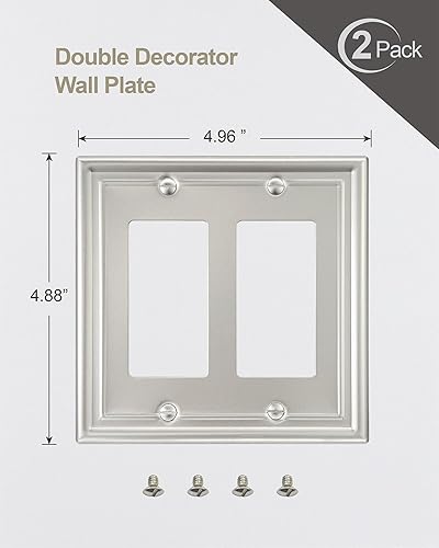 Miniatura 6 de Paquete de 2 placas de pared decorativas dobles, placa eléctrica de níquel satinado para receptáculo, interruptor de atenuación, salida GFCI, tamaño