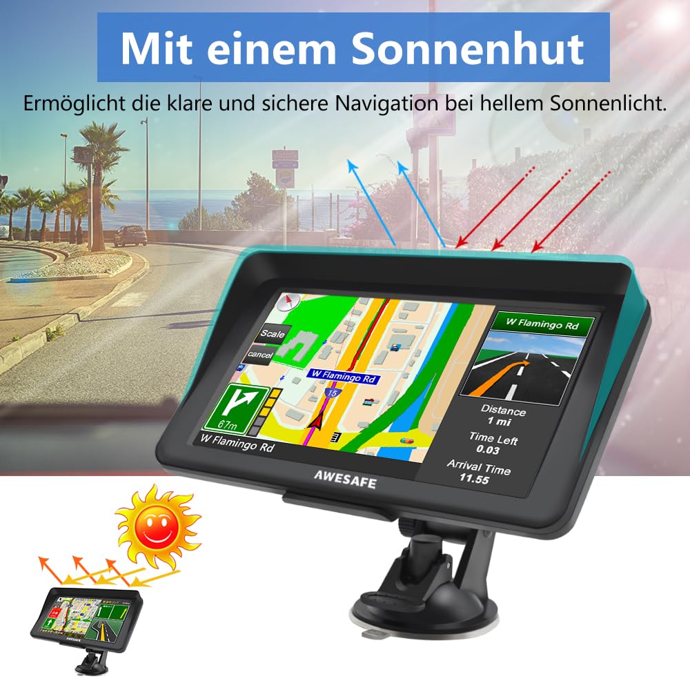 AWESAFE Bluetooth Navigationsgeräte für Auto, 7 Zoll Touchscreen, GPS Navigation für LKW PKW KFZ, 2023 Europa Karten unterstützt lebenslang kostenloses