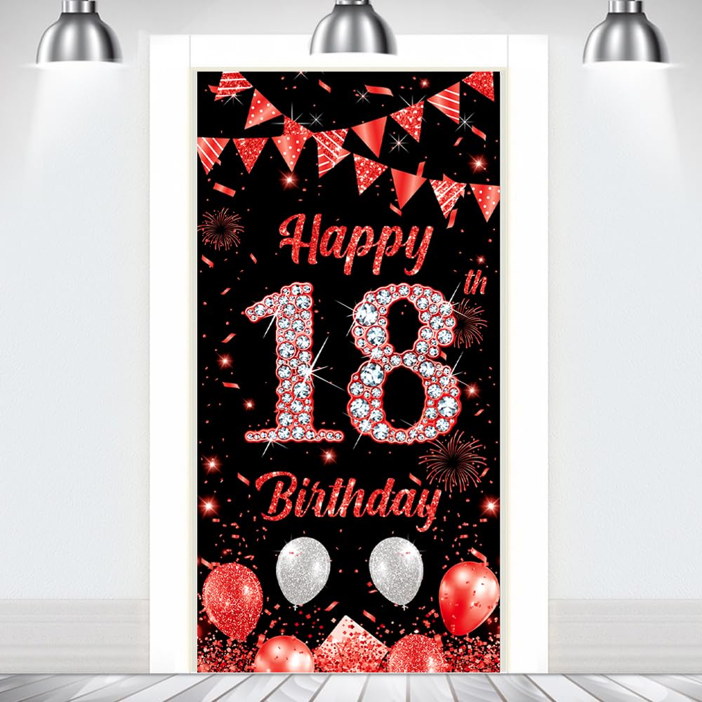 Happy 18th Birthday Door Banner Backdrop Black Red Birthday Decorations Boys Girls 18 Years Old Door Background Banner Outdoor Indoor Party Supplies Photo Props Booth Decor Supplies180×90cm