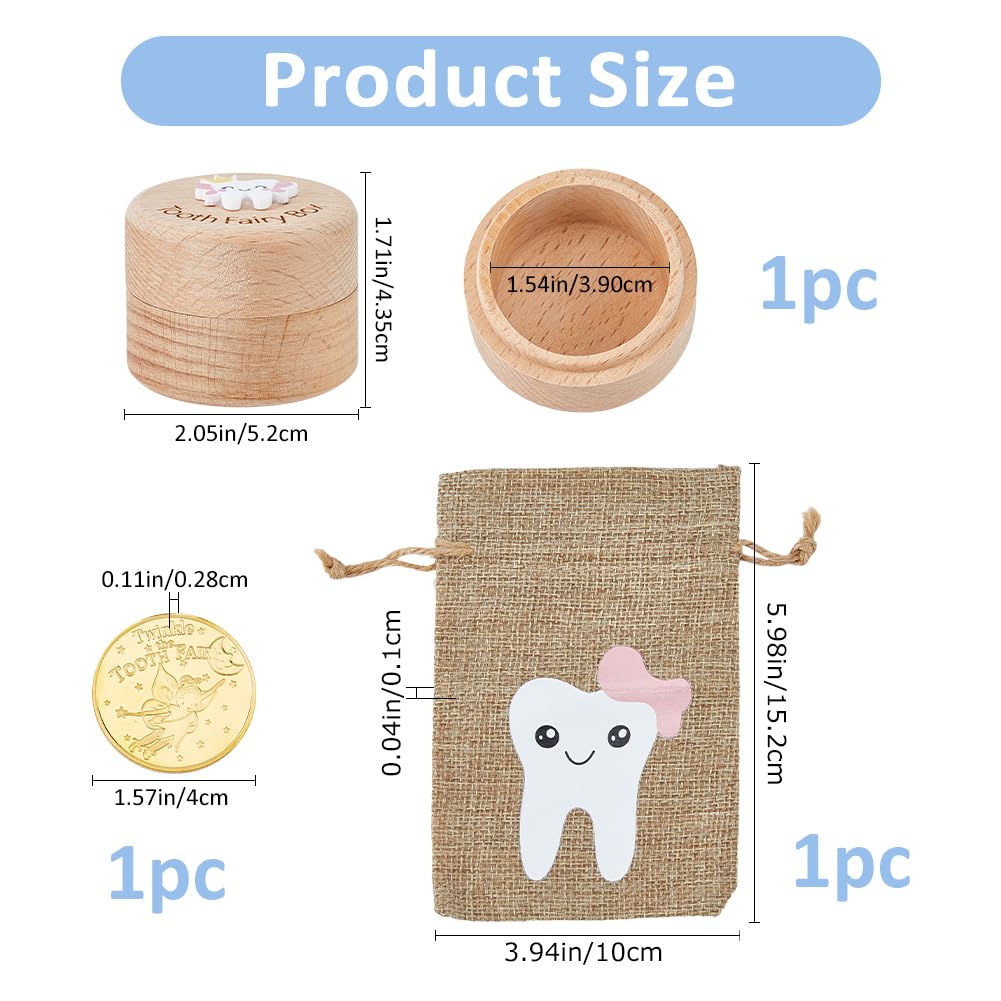 SUPERFINDINGS 1 Set Wood Tooth Fairy Box with Fairy Reward Coin and Linen Pouches Pink Dropped Tooth Keepsake Collection Storage Box for First Lost Teeth Fairy Gifts - Image 2