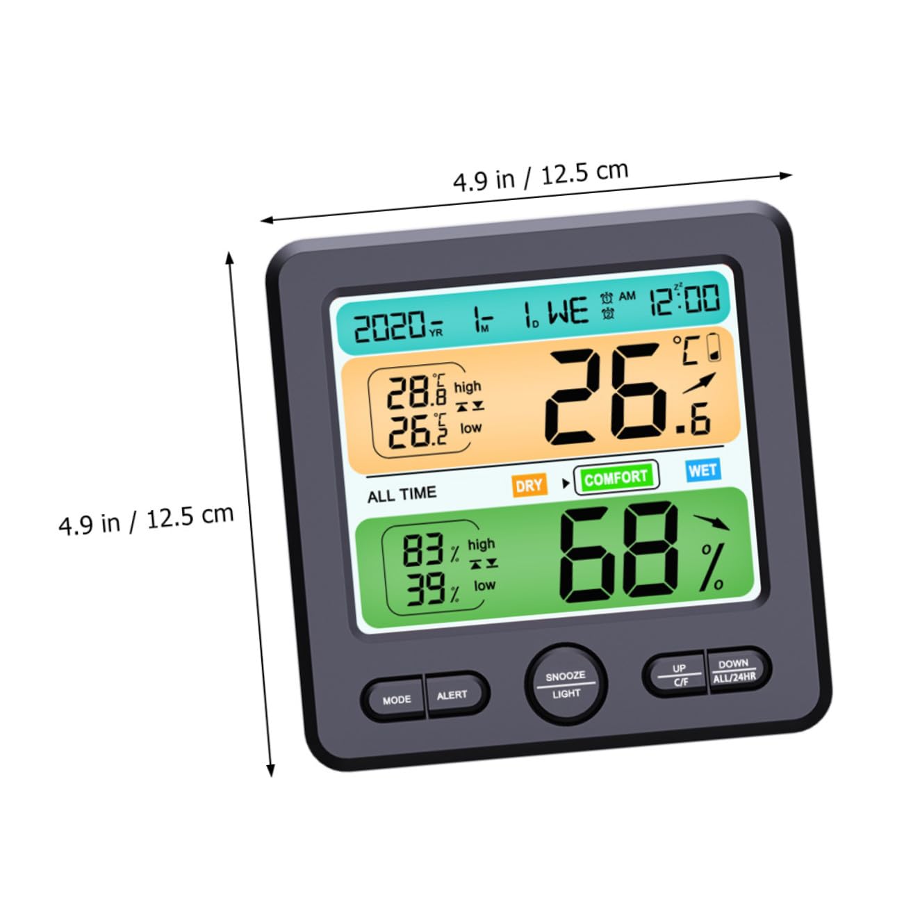 Thermohygrometer Uhr Schwarz mit LED Anzeige, Abs, 1 Stück | Klappbarer Standfuß, ohne Batterie, für Tisch und Wandmontage, Temperaturgenauigkeit ±1 °c, Feuchte ±5 % Rh