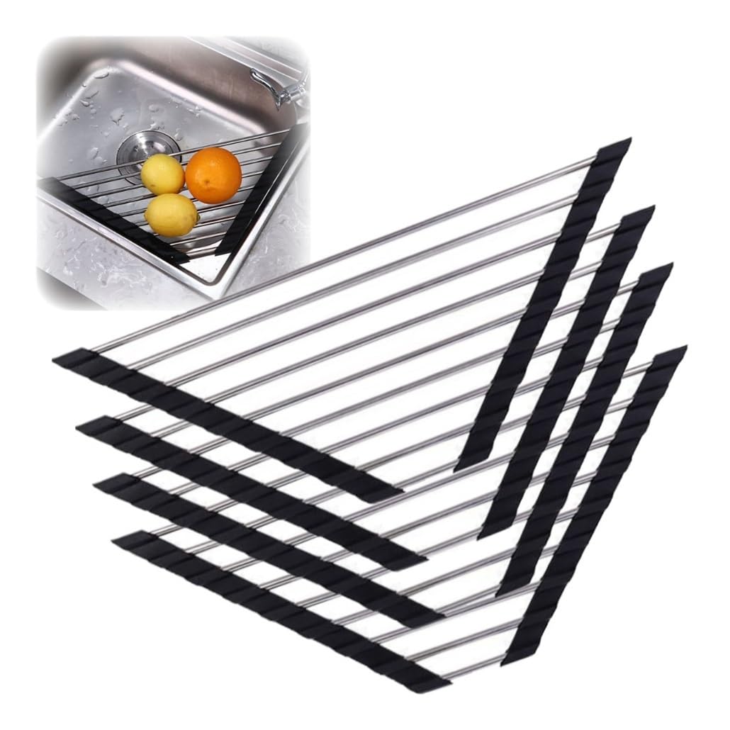 Kompaktes Geschirr-Abtropfgestell, Edelstahl-Dreieck-Geschirrtrockner, faltbar, aufrollbar, Schwarz/Grau, mehrere Packungen(Black,4PCS)