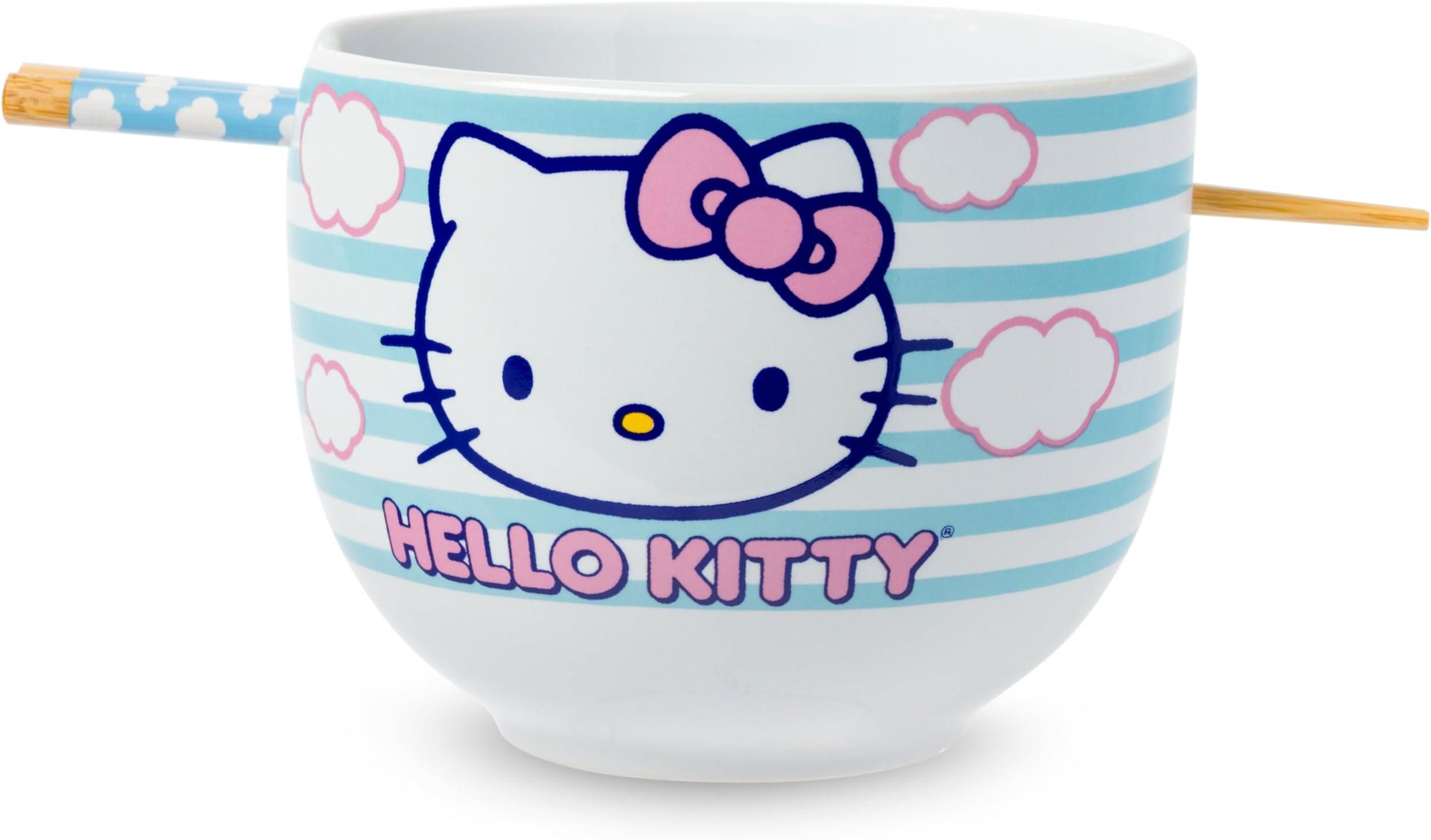 Silver Buffalo Sanrio Hello Kitty Blue and Pink Skies Ceramic Ramen Noodle Rice Bowl with Chopsticks, Microwave Safe, 20 Ounces