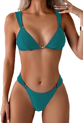 QJQ - Conjunto de bikini de 2 piezas para mujer, con atrevida tanga brasileña, traje de baño con anillos de enlace en la espalda y estilo triángulo
