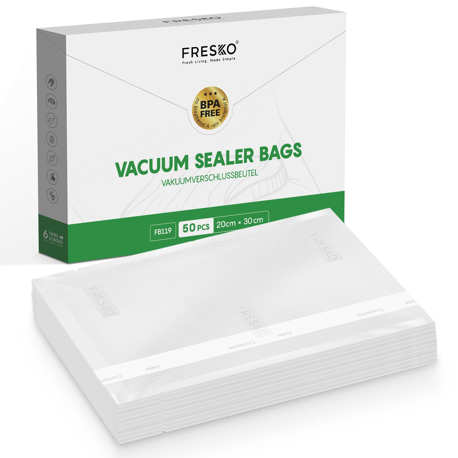 FRESKO Vakuumierbeutel 20 x 30 cm / 50 Stück, Professionelle Folienbeutel, sehr stark & reißfest, geeignet für alle Vakuumiergeräte, BPA-frei, geprägte Luftrillen, Sous-Vide-Gefrierbeutel