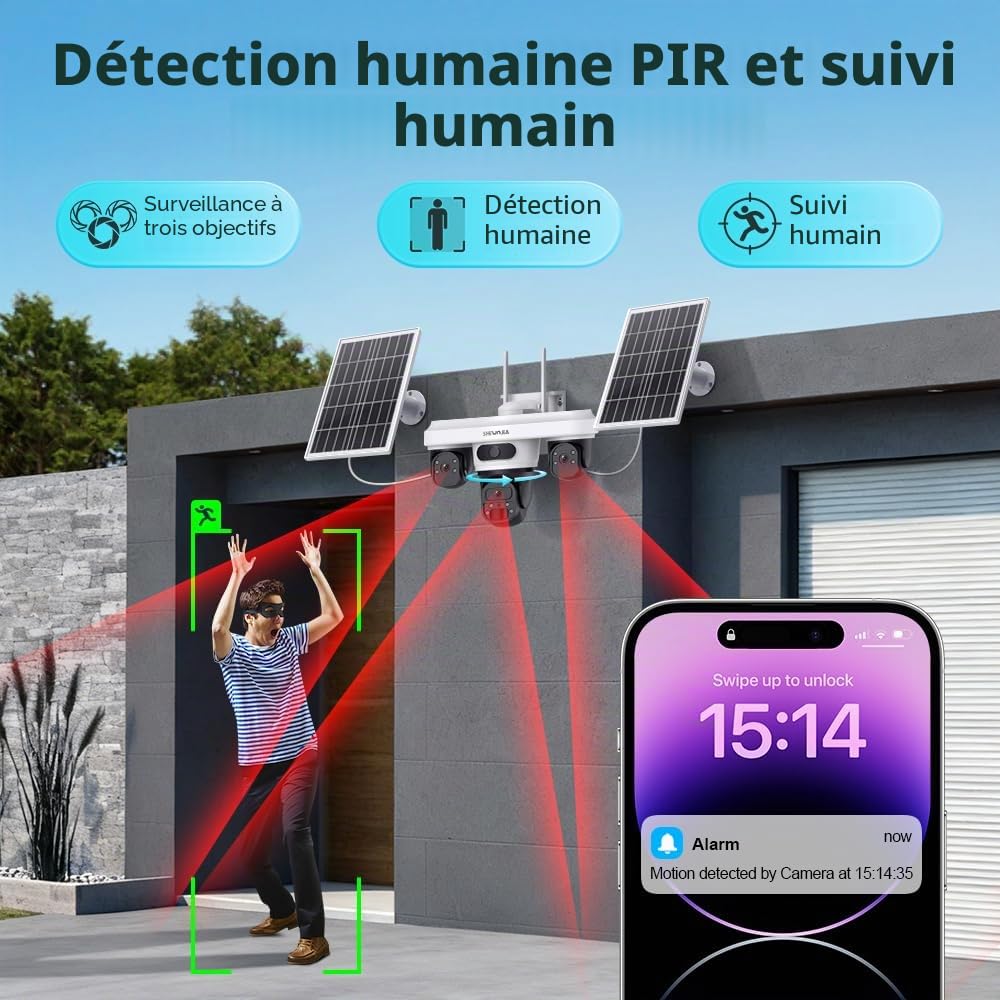 SHIWOJIA Caméra de sécurité solaire AOV 4G LTE 24h/24, 7j/7, 360° avec carte SIM, batterie sans fil CCTV avec détection de mouvement PTZ, sirène lumineuse instantanée alerte, étanchéité IP66